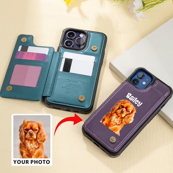 Personalised Cute Oil Painting Pet Photo Leather Flip Wallet Phone Case with RFID Blocking Card Holder Birthday Gift for Cat Dog Lovers