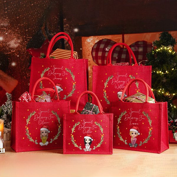 Personalisierte Cartoon-Charakter Kranz Sonderlieferung rote Jutetasche Tote Bag mit Namen Weihnachten Party Favor Geschenk für Familie Freunde