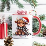 Chapeau de Noël Highland Cow personnalisé Mug en céramique 11oz Sous-verre avec nom Cadeau de Noël pour les amateurs de Highland Cow