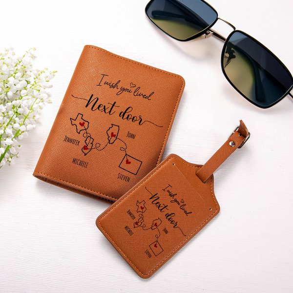 Personalised Heart Maps PU Leather Passport Holder Luggage Tag Set with Name Travel Accessories Long Distance Gift for Family Friends