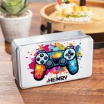 Personlig Splash-Ink Gamepad Design Biscuit Tin Oppbevaringsboks med navn Bursdagsgave til barn som elsker spill