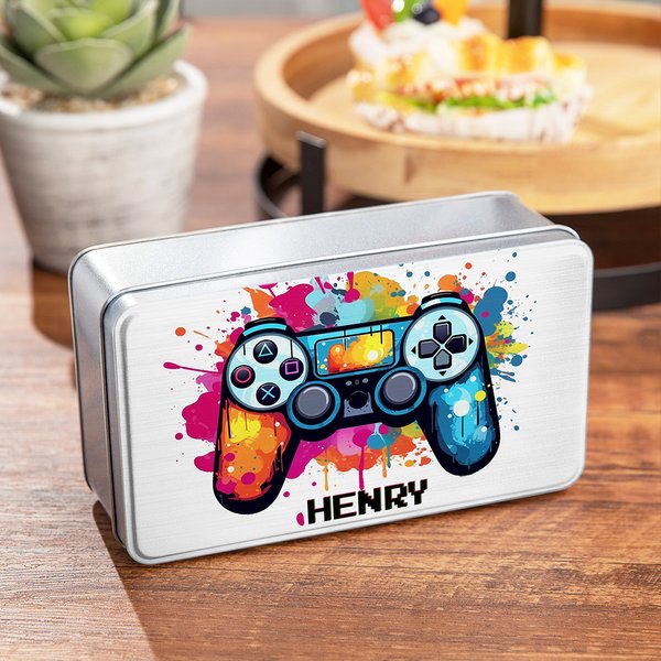 Personlig Splash-Ink Gamepad Design Biscuit Tin Oppbevaringsboks med navn Bursdagsgave til barn som elsker spill