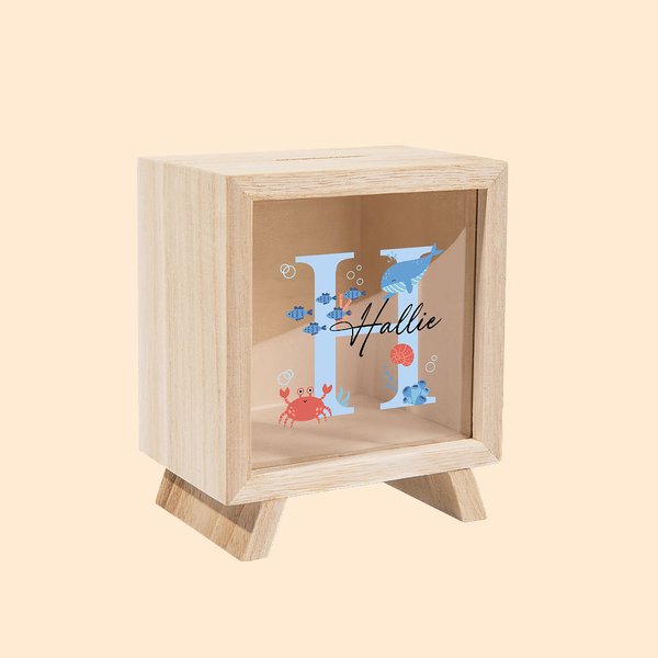 Personalised Cute Whale Sea Turtle Pufferfish Ocean Theme Clear Wooden Money Box Piggy Bank with Initial and Name Birthday Gift for Boys Girls