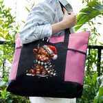 Personliga ljus med färg Namn Santa Hat Highland Cow Canvas Tote Bag med dragkedja och nätficka Julklapp för Highland Cow-älskare
