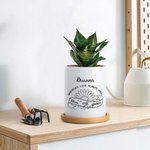Personalized Inspiring Floral Ceramic Succulent Plant Pot with Name and Bamboo Base Graduation Appreciation Gift for Teacher