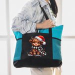 Personliga ljus med färg Namn Santa Hat Highland Cow Canvas Tote Bag med dragkedja och nätficka Julklapp för Highland Cow-älskare