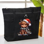Personliga ljus med färg Namn Santa Hat Highland Cow Canvas Tote Bag med dragkedja och nätficka Julklapp för Highland Cow-älskare