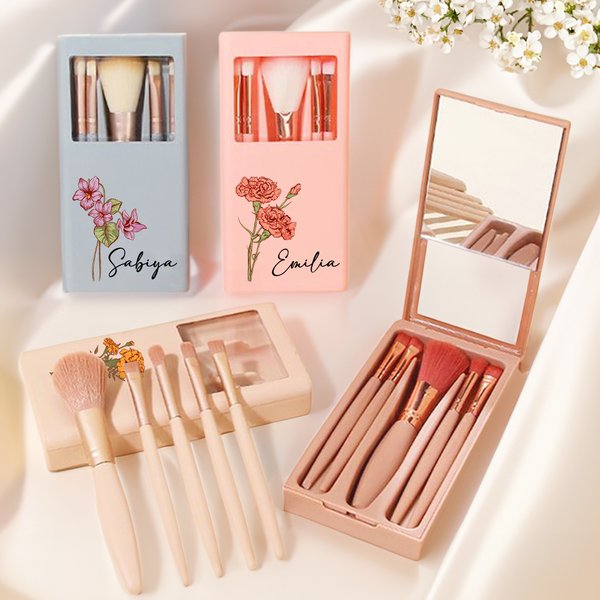 Set di pennelli per il trucco personalizzato con scatola da viaggio e specchio, regalo di compleanno e anniversario per le donne e le ragazze.