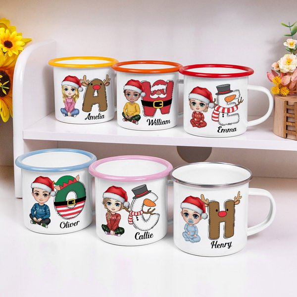 Personalizada Santa Elfo Reno Muñeco de Nieve Inicial de dibujos animados 12 oz borde de color taza de esmalte con el nombre de Navidad Festival de Regalo para Niños Familia