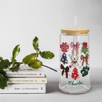 Personnalisé 1-3 Chien Coquette Bow Design 20oz verre avec couvercle en bambou et paille Cadeau de Noël pour les amoureux des chiens