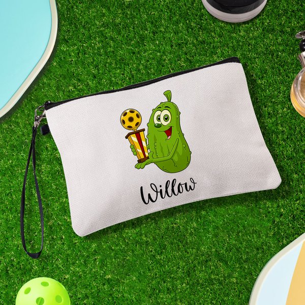 Personalised Cartoon Pickled Cucumber Pickleball Name Makeup Bag with Wristlet Travel Accessories Birthday Gift for Pickleball Lovers