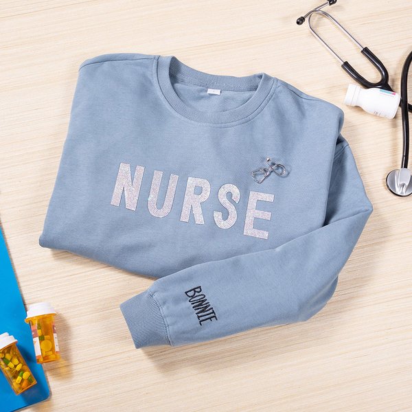 Personalized Glitter Nurse Pattern Sweatshirt with Embroidered Name and Stethoscope Brooch Nurse Graduation Birthday Gift for Nurse