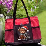 Personliga ljus med färg Namn Santa Hat Highland Cow Canvas Tote Bag med dragkedja och nätficka Julklapp för Highland Cow-älskare