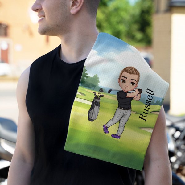 Personalizzato morbido asciugatura rapida Cartoon Character Golf Waffle Towel con moschettone Accessori da golf Regalo di compleanno per il giocatore di golf