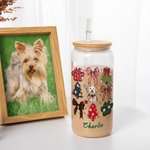 Personnalisé 1-3 Chien Coquette Bow Design 20oz verre avec couvercle en bambou et paille Cadeau de Noël pour les amoureux des chiens