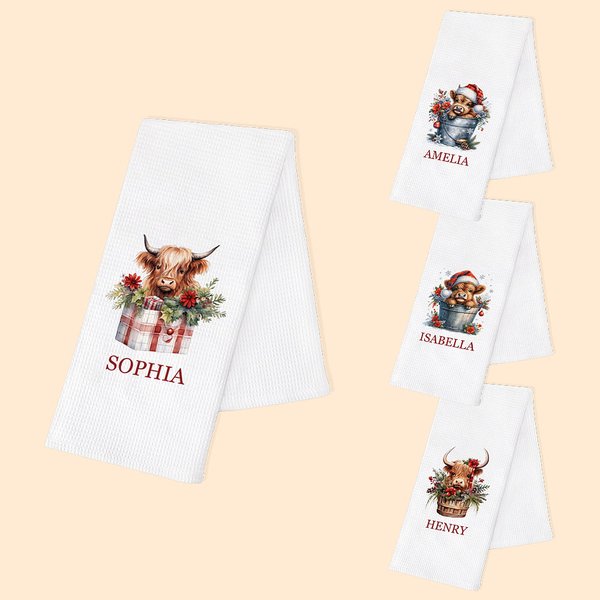Personalized Floral Santa Hat Highland Cow Super Absorbent Microfiber Waffle Tea Towel with Name Kitchen Decor Christmas Gift for Family Friends