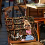 Personalised Bookshelf Reading Cartoon Girl Cat Tote Bag with Name and Handle Birthday Graduation Gift for Bookworms Book Lovers