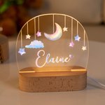 Personalised Watercolor Moon Stars Acrylic Name LED Night Light with Wooden Base Home Decor Baby Shower Birthday Gift for Girls Boys