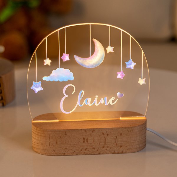 Personalized Watercolor Moon Stars Acrylic Name LED Night Light with Wooden Base Home Decor Baby Shower Birthday Gift for Girls Boys