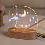 Personalised Watercolor Moon Stars Acrylic Name LED Night Light with Wooden Base Home Decor Baby Shower Birthday Gift for Girls Boys