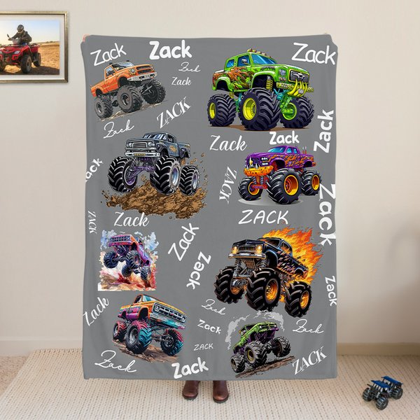 Personalized SUV Big Wheel Off-Road Trucks Soft Throw Blanket with Name Home Decor Birthday Gift for Boys Men