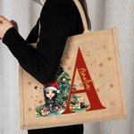 Sac en toile de jute avec initiales et nom Cadeau de fête de Noël pour la famille et les enfants