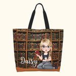 Personalised Bookshelf Reading Cartoon Girl Cat Tote Bag with Name and Handle Birthday Graduation Gift for Bookworms Book Lovers