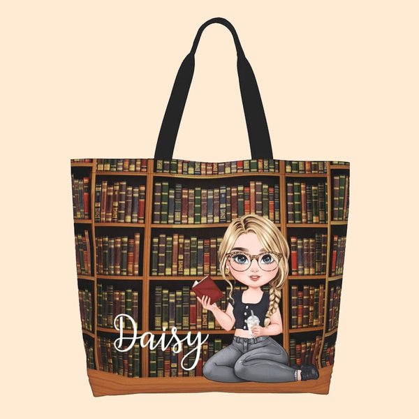 Personalised Bookshelf Reading Cartoon Girl Cat Tote Bag with Name and Handle Birthday Graduation Gift for Bookworms Book Lovers
