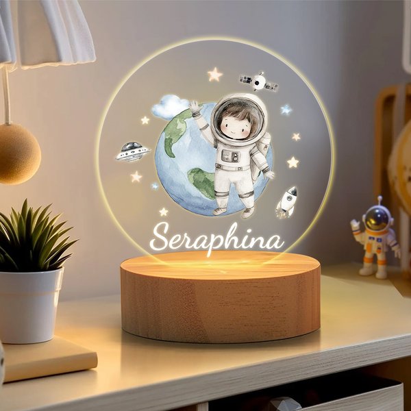 Personalisiertes Cartoon-Astronaut Planet Acryl LED-Nachtlicht mit Namen und Holzsockel Geburtstag Kinderzimmer Deko Geschenk für Jungen Mädchen