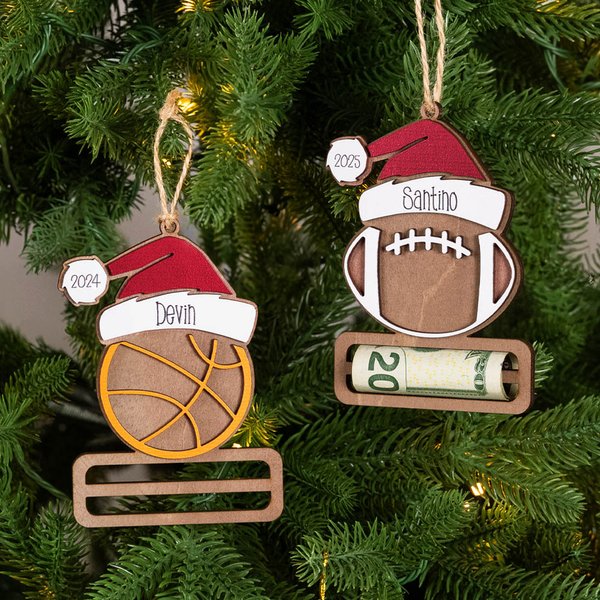 Personalized Baseball Volleyball Sports Ball with Santa Hat Money Holder Christmas Ornament with Name Year Holiday Party Favors Gift for Coach Athlete
