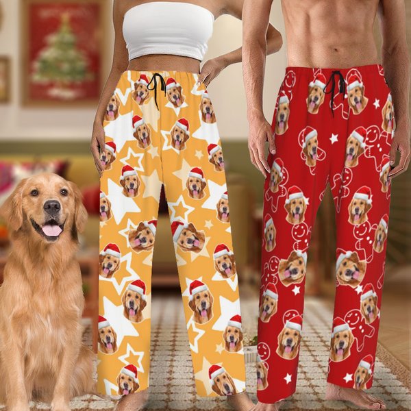 Personalized Soft Christmas Hat Dog Cat Portrait Long Pajama Pants with Pocket Drawstring Christmas Gift for Pet Lover