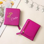 Portefeuille de poche compact en cuir avec nom et fleur de naissance personnalisée Cadeau d'anniversaire pour femme