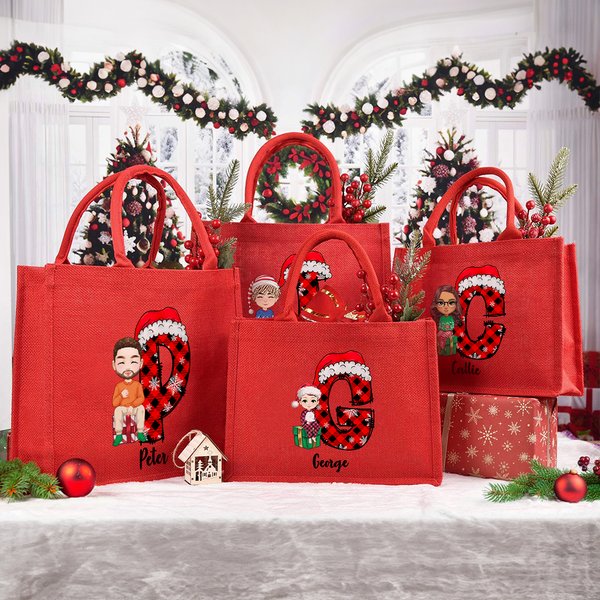 Gepersonaliseerde Cartoon Karakter op Gift Box rode Jute Tote Bag met naam en geruite kerstmuts initiële kerst partij Gunsten Gift voor kinderen famil
