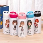 Personalised Multi-Colour Cartoon Girls 14oz Kid Water Bottle with Name and Handle Birthday Back to School Gift for Girls