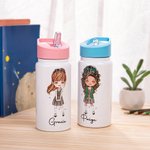 Personalised Multi-Colour Cartoon Girls 14oz Kid Water Bottle with Name and Handle Birthday Back to School Gift for Girls