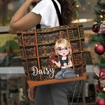 Personalised Bookshelf Reading Cartoon Girl Cat Tote Bag with Name and Handle Birthday Graduation Gift for Bookworms Book Lovers