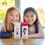 Personalised Multi-Colour Cartoon Girls 14oz Kid Water Bottle with Name and Handle Birthday Back to School Gift for Girls
