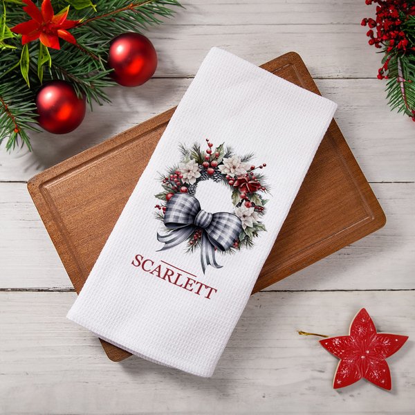 Personalized Bow Holly Wreath Super Absorbent Microfiber Waffle Tea Towel with Name Kitchen Decor Christmas Housewarming Gift for Family Friends