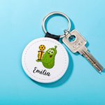 Personalised Leather Cartoon Pickled Cucumber Pickleball Name Keychain Birthday Funny Gift for Pickleball Lovers