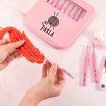 Personalized Pink Yarn Ball Pattern Hooks 8 Pcs Set with Storage Case with Name Birthday Mother's Day Gift for Sewing Crocheting Lovers