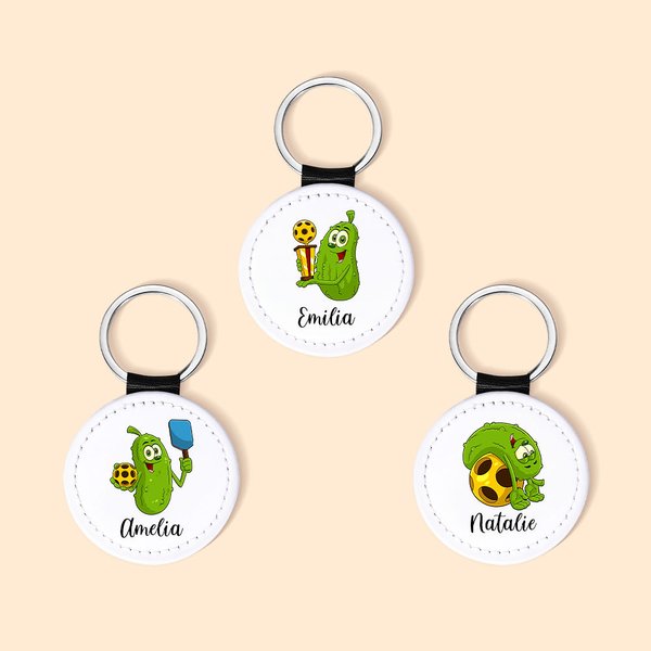 Personalisierte Leder Cartoon eingelegte Gurke Pickleball Name Schlüsselanhänger Geburtstag lustiges Geschenk für Pickleball Liebhaber