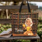 Personalised Bookshelf Reading Cartoon Girl Cat Tote Bag with Name and Handle Birthday Graduation Gift for Bookworms Book Lovers