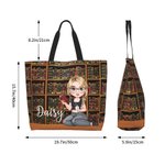 Personalised Bookshelf Reading Cartoon Girl Cat Tote Bag with Name and Handle Birthday Graduation Gift for Bookworms Book Lovers