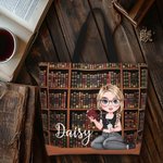 Personalised Bookshelf Reading Cartoon Girl Cat Tote Bag with Name and Handle Birthday Graduation Gift for Bookworms Book Lovers
