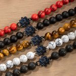 Personalizada Delicado Girasol Charm Proyección de fotos Pulsera de cuerda ajustable con cuentas de piedra de ojo de tigre Cumpleaños Aniversario Rega