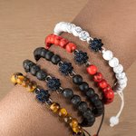 Personalizada Delicado Girasol Charm Proyección de fotos Pulsera de cuerda ajustable con cuentas de piedra de ojo de tigre Cumpleaños Aniversario Rega