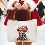 Cappello di Natale personalizzato Mucca Highland Manico in pelle Borsa in tela con nome Regalo di compleanno di Natale per gli amanti delle mucche Hig