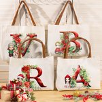 Personnalisé Holly Floral Initial Cartoon Character Canvas Tote Bag avec nom et poignée en cuir Christmas Birthday Gift for Girls Women