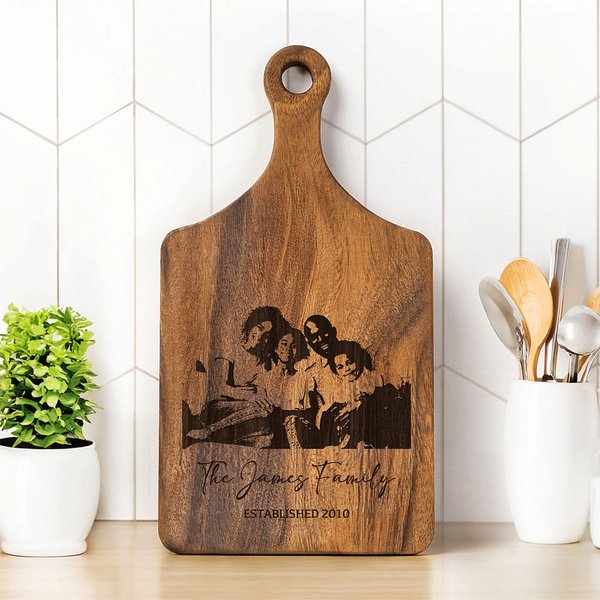 Personalized Engraved Photo Text Wooden Bamboo Reversible Cutting Board with Date and Grip Ship from USA Housewarming Anniversary Gift for Family
