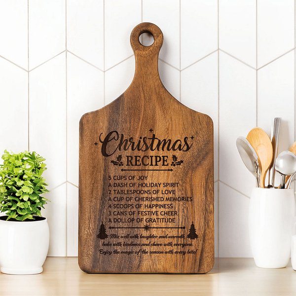 Planche à découper réversible en bois gravé pour les recettes de Noël avec prise pour les doigts Cadeau de pendaison de crémaillère pour la famille
